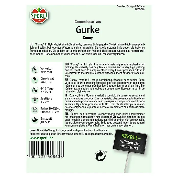 Sperli Gemüsesamen Einlegegurke - Conny, Cucumis sativus, Erntezeit: Juli - Gurkensamen "Conny" für frühreife, kernlose Einlegegurken, widerstandsfähig gegen Gurkenkrankheiten.