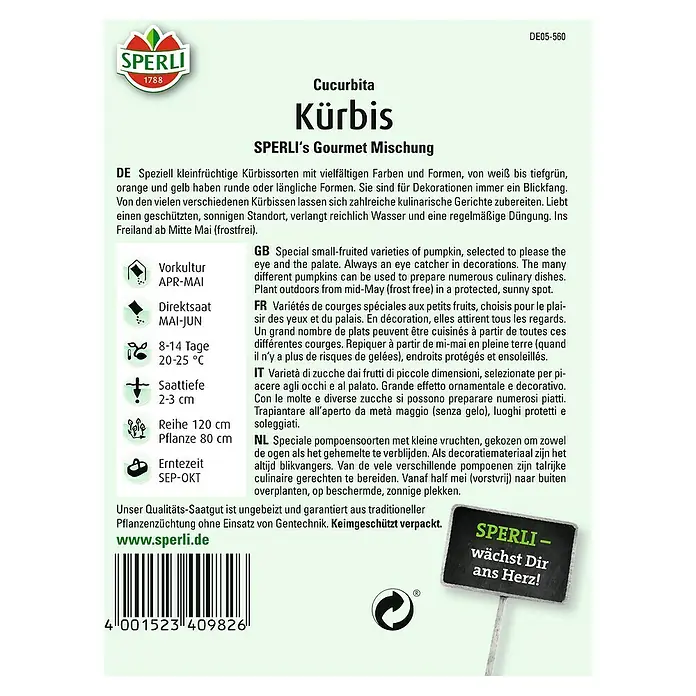 Sperli Gemüsesamen Kürbis - Gourmet Mischung, Cucurbita pepo, Erntezeit: September - SPERLI Kürbis-Saatgutpackung mit Informationen zu Anbau und Ernte von Kürbissen.