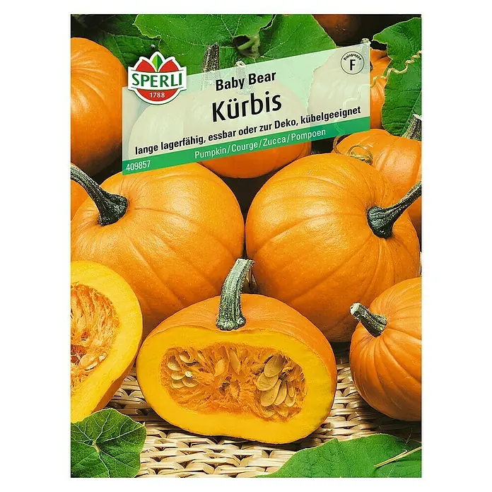 Sperli Gemüsesamen Kürbis - Baby Bear, Cucurbita pepo, Erntezeit: August - Das Bild zeigt eine Packung Baby Bear Kürbis-Samen von Sperli 1788, zusammen mit einer Abbildung von mehreren Kürbissen und einem halbierten Kürbis.