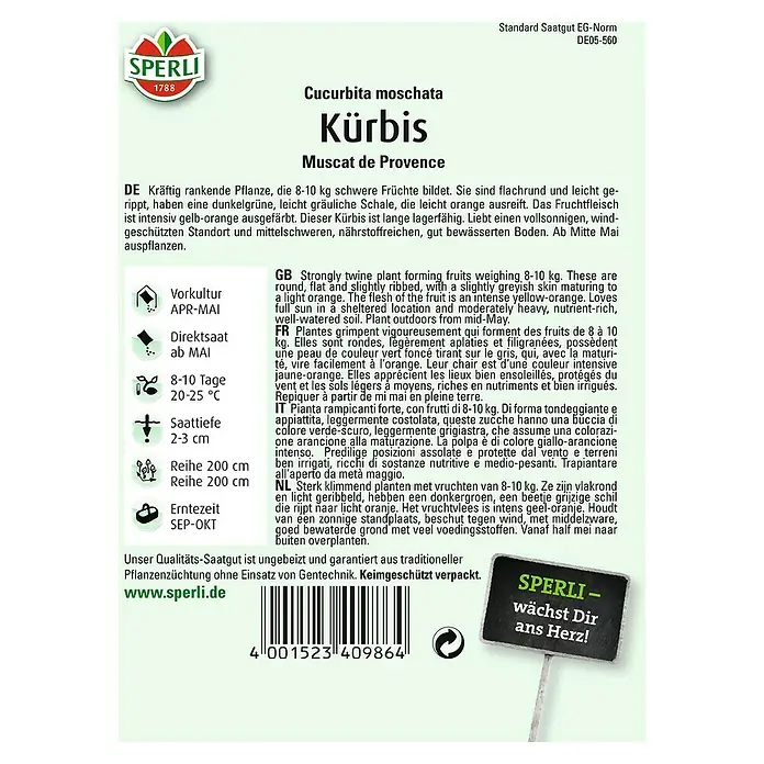 Sperli Gemüsesamen Kürbis - Muscat de Provence, Cucurbita moschata, Erntezeit: September - SPERLI Kürbis 'Muscat de Provence' Samenpackung. Kräftige, rankende Pflanze für köstliche, große Kürbisse.