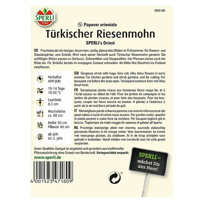 Sperli Blumensamen Türkischer Riesenmohn - Papaver orientale, Blütezeit: Juli - SPERLI Türkischer Riesenmohn-Samenpackung. Prachtstaude mit feuerroten Blüten für Bauerngärten und Staudengärten, ideal zum Schneiden.