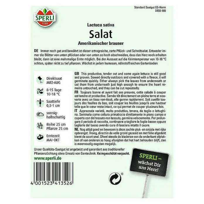 Sperli Salatsamen Pflücksalat - Amerikanischer brauner, Lactuca sativa, Erntezeit: Mai - SPERLI Amerikanischer Brauner Salat: Produktives Saatgut für zarten Pflück- und Schnittsalat, ideal für den Anbau im Garten.