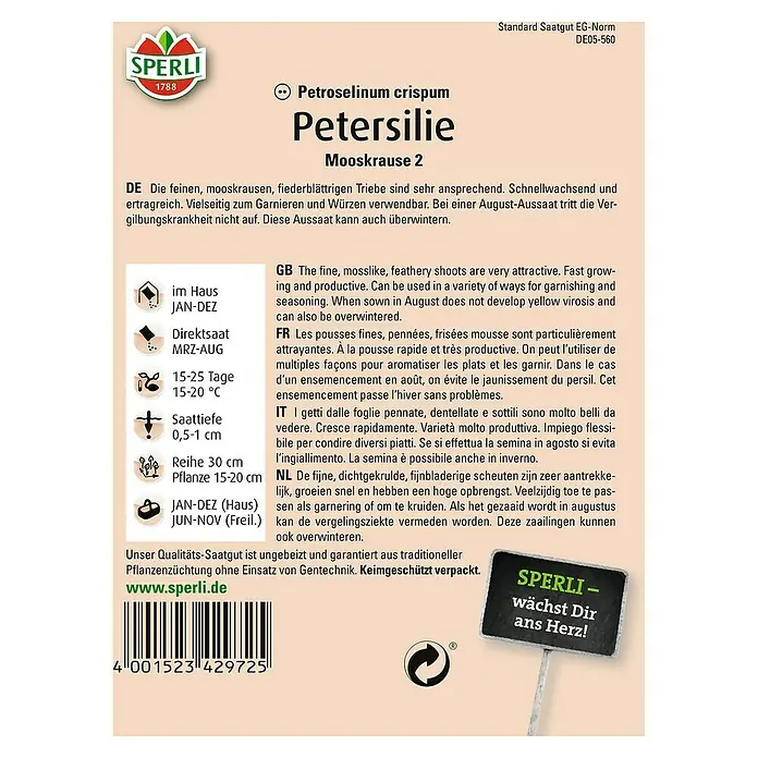 Sperli Kräutersamen Petersilie - Mooskrause 2, Petroselinum crispum, Saatzeit: März, Erntezeit: Ganzjährig - Bild einer Samenpackung Petersilie Mooskrause 2 der Marke Sperli.
