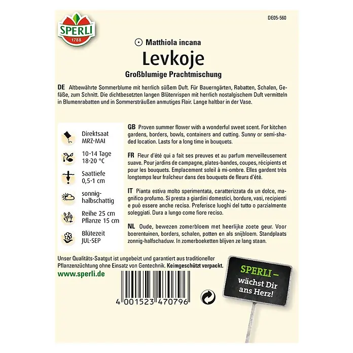 Sperli Blumensamen Levkoje - Matthiola incana, Blütezeit: Juli - Samenpackung Levkoje, eine großblumige Sommerblume für Rabatten und Vasen. Sie verströmt einen herrlichen Duft und ist keimgeschützt verpackt.