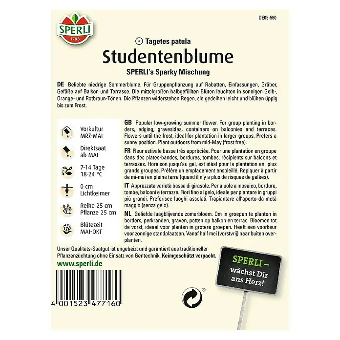 Sperli Blumensamen Studentenblume - Tagetes erecta, Blütezeit: Mai - Image of a seed packet of 'Studentenblume' (Tagetes patula) by Sperli, a popular low-growing summer flower mix for borders and balconies.