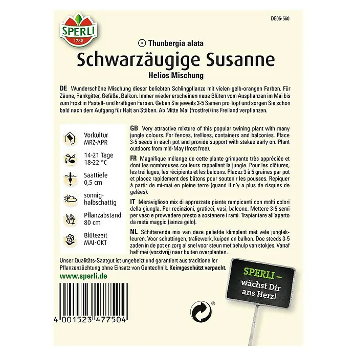 Sperli Blumensamen Schwarzäugige Susanne - Thunbergia alata, Blütezeit: Mai - SPERLI Schwarzäugige Susanne Samenpackung.