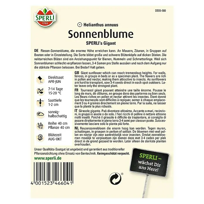 Sperli Blumensamen Sonnenblume - Sperli's Gigant, Helianthus annuus, Blütezeit: August - SPERLI Sonnenblume 'Gigant' Saatgutpackung.
