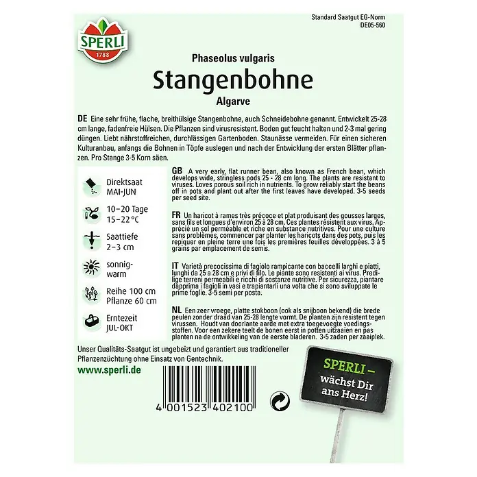 Sperli Gemüsesamen Stangenbohne - Algarve, Phaseolus vulgaris, Erntezeit: Juli - SPERLI Stangenbohne 'Algarve' Samenpackung. Sehr frühe, flache Stangenbohne für den Gartenanbau, virusresistent und ertragreich.