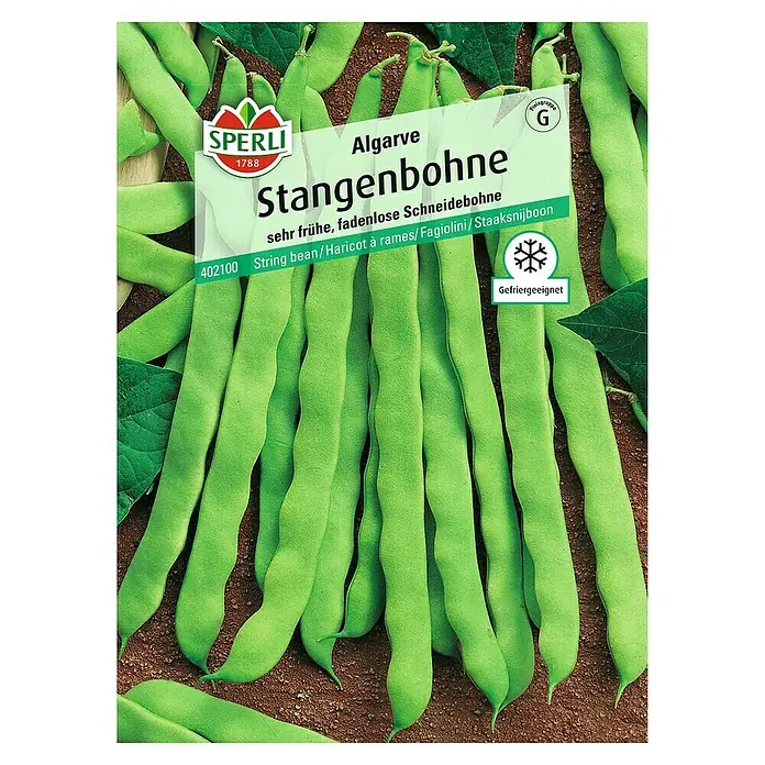 Sperli Gemüsesamen Stangenbohne - Algarve, Phaseolus vulgaris, Erntezeit: Juli - Algarve Stangenbohne Samenpackung von Sperli. Sehr frühe, fadenlose Schneidebohne. Ideal zum Einfrieren.