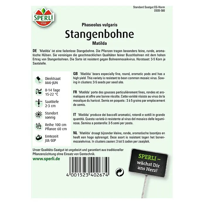 Sperli Gemüsesamen Stangenbohne - Matilda, Phaseolus vulgaris, Erntezeit: Juli - SPERLI Stangenbohne 'Matilda', eine fadenlose Sorte mit feinen, runden Hülsen und Resistenz gegen Bohnenmosaikvirus für hohe Erträge.