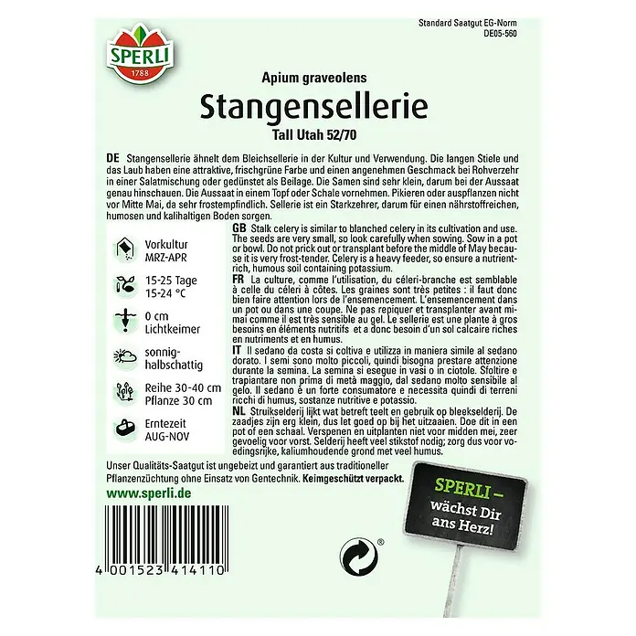 Sperli Gemüsesamen Stangensellerie - Apium graveolens var. dulce, Erntezeit: August - SPERLI Stangensellerie 'Tall Utah 52/70'. Attraktive, frischgrüne Stangen mit angenehmen Geschmack. Aussaat in Töpfen und nährstoffreiche Böden bevorzugen.