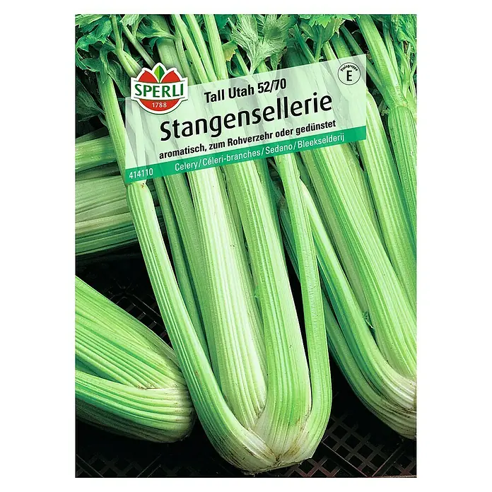 Sperli Gemüsesamen Stangensellerie - Apium graveolens var. dulce, Erntezeit: August - Abbildung einer Samenpackung Stangensellerie 'Tall Utah 52/70' von Sperli. Aromatisch, ideal für Rohverzehr oder gedünstet, für eine gesunde Ernährung.
