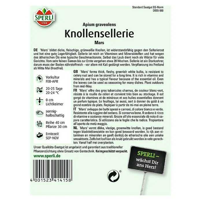 Sperli Gemüsesamen Knollensellerie - Apium graveolens, Erntezeit: September - SPERLI Knollensellerie 'Mars'-Samentüte. Das Gemüse bildet dicke, fleischige Knollen und ist resistent gegen Sellerierost.