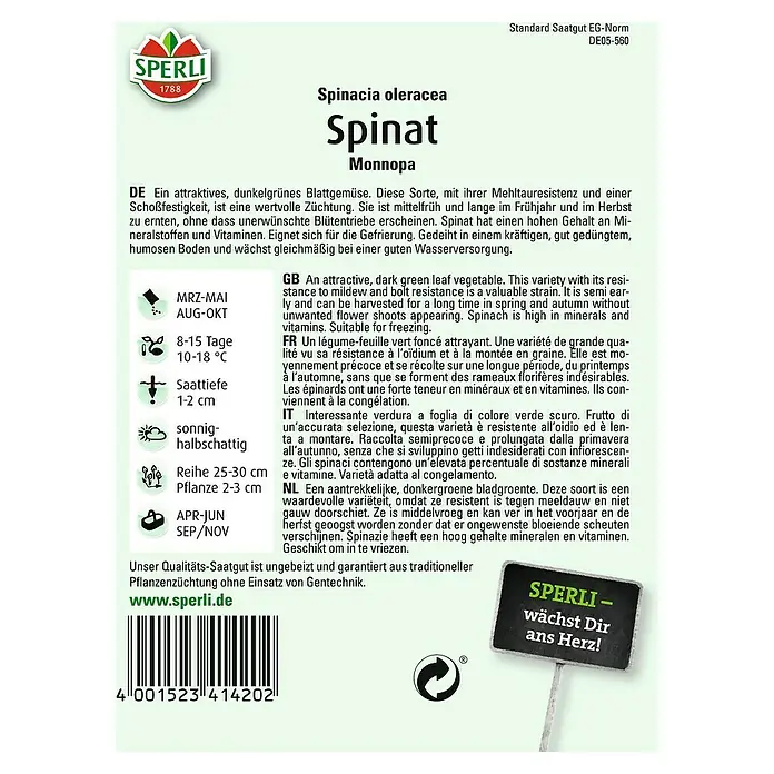 Sperli Gemüsesamen SpinatTetragonia tetragonioides, Erntezeit: April