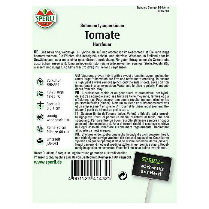 Sperli Gemüsesamen Tomate - Harzfeuer, Solanum lycopersicum, Erntezeit: Juli - SPERLI Tomaten Harzfeuer-Samenpackung. Für köstliche, aromatische Tomaten aus eigenem Anbau.