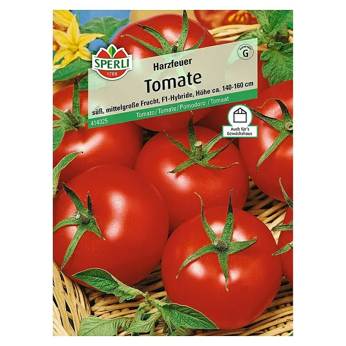 Sperli Gemüsesamen Tomate - Harzfeuer, Solanum lycopersicum, Erntezeit: Juli - Harzfeuer Tomatensamen von Sperli. Süße, mittelgroße Früchte, F1-Hybride, Höhe ca. 140-160 cm, ideal für Gewächshäuser.