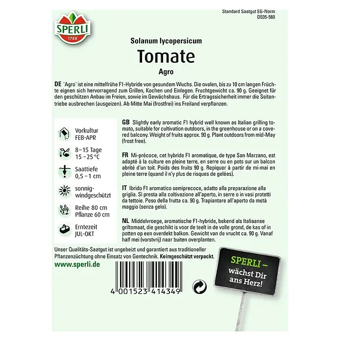 Sperli Gemüsesamen Tomate - Agro, Solanum lycopersicum, Erntezeit: Juli - SPERLI Tomate 'Agro' Samenpackung. Mittelfrühe, ovale Tomate, ideal zum Grillen, Kochen und Einlegen. Fruchtgewicht ca. 90 g.