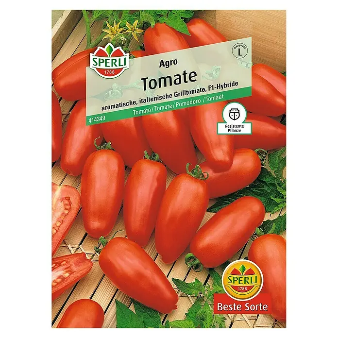 Sperli Gemüsesamen Tomate - Agro, Solanum lycopersicum, Erntezeit: Juli - Abbildung einer Samenpackung für Agro Tomate, eine aromatische, italienische Grilltomate F1-Hybride von Sperli.