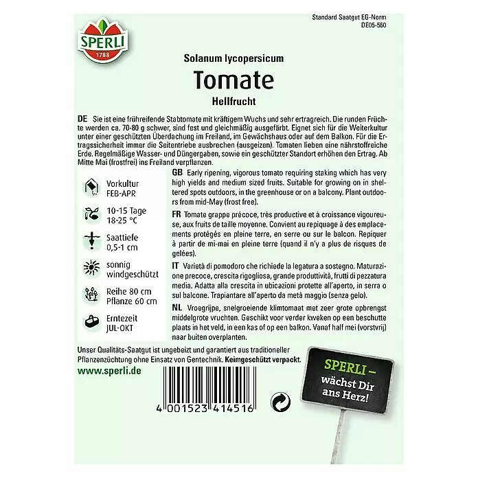 Sperli Gemüsesamen Tomate - Hellfrucht, Solanum lycopersicum, Erntezeit: Juli - Sperli Saatguttüte für 'Tomate Hellfrucht' mit Pflanzdetails und mehrsprachigen Anweisungen.