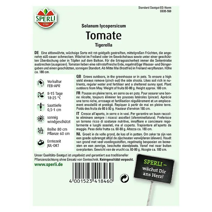 Sperli Gemüsesamen Tomate - Tigerella, Solanum lycopersicum, Erntezeit: Juli - Abbildung der Tomatensorte Tigerella von Sperli, eine wüchsige Sorte mit rot-goldgelb gestreiften Früchten für den Garten.