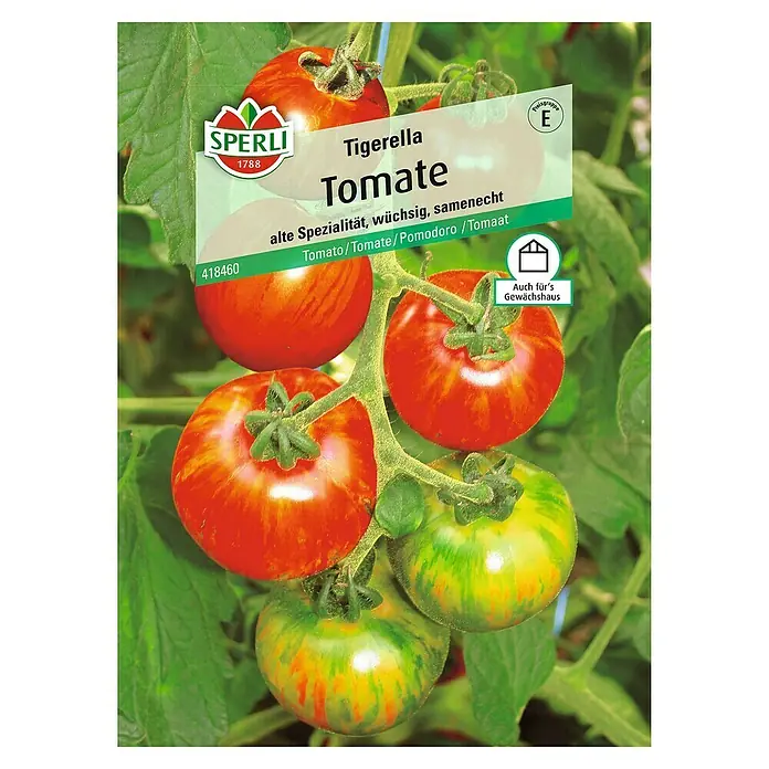 Sperli Gemüsesamen Tomate - Tigerella, Solanum lycopersicum, Erntezeit: Juli - Abbildung der Samenpackung Tigerella Tomate, einer alten, samenfesten Spezialität, die sich auch für Gewächshäuser eignet.