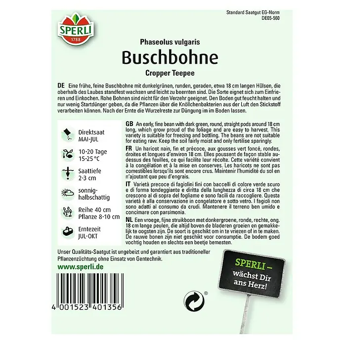 Sperli Gemüsesamen Buschbohne - Copper Teepee, Phaseolus vulgaris var. nanus, Erntezeit: Juli - Bild einer Samenpackung für Buschbohnen der Sorte 'Cropper Teepee' von Sperli, ideal für den Anbau im eigenen Garten.