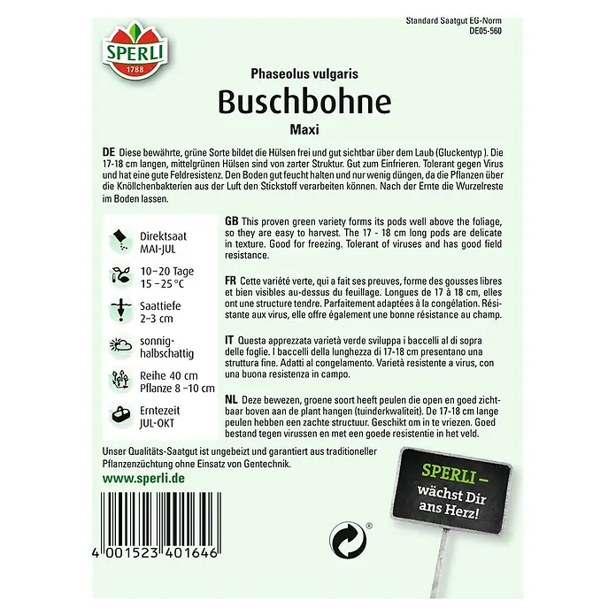 Sperli Gemüsesamen Buschbohne - Maxi, Phaseolus vulgaris var. nanus, Erntezeit: Juli - Bild einer Packung Buschbohne Maxi Samen von Sperli mit Infos zu Aussaat und Ernte.