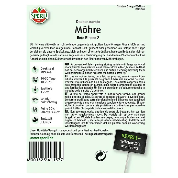 Sperli Gemüsesamen Möhre - Rote Riesen 2, Daucus carota, Erntezeit: Juli - Das Bild zeigt eine Saatguttüte von Sperli mit dem Fokus auf Möhren "Rote Riesen 2".