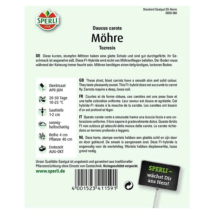 Sperli Gemüsesamen Möhre - Tozresis, Daucus carota, Erntezeit: August - Samenpackung für 'Möhre Tozresis' Karotten. Kurze, stumpfe Karotten mit süßem Geschmack und Resistenz gegen Möhrenfliegen.