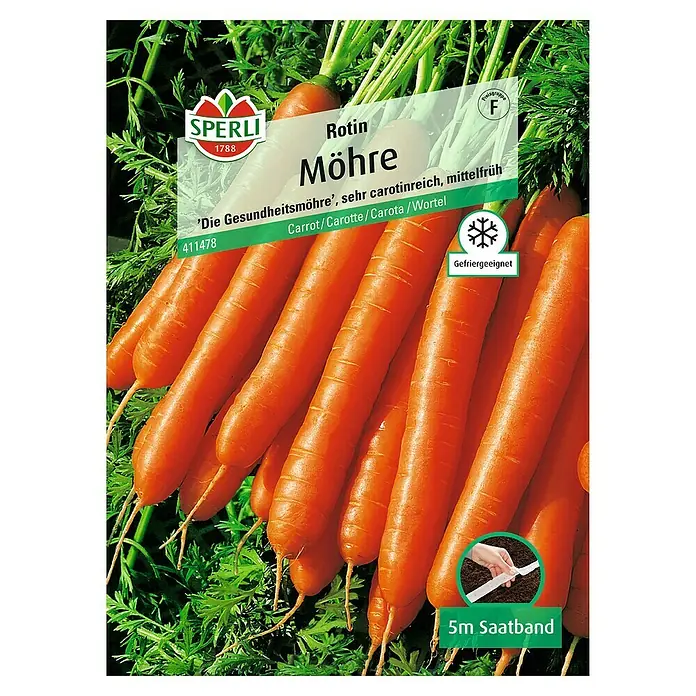 Sperli Gemüsesamen Möhre - Rotin 5, Daucus carota, Erntezeit: Juli - Abbildung von "Rotin Möhre" Saatgut von Sperli. Die Karottensorte ist sehr karotinreich, mittelfrüh und gefriergeeignet.