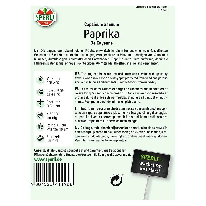 Sperli Gemüsesamen Paprika - De Cayenne, Capsicum annuum, Erntezeit: Juli - Bild einer Samenpackung für Cayenne-Paprika von Sperli, ideal für sonnige Standorte und humusreiche Böden.