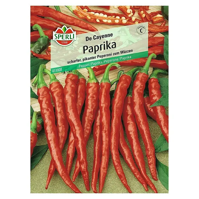 Sperli Gemüsesamen Paprika - De Cayenne, Capsicum annuum, Erntezeit: Juli - Abbildung einer Samenpackung für "De Cayenne Paprika", eine scharfe und pikante Peperoni-Sorte zum Würzen.