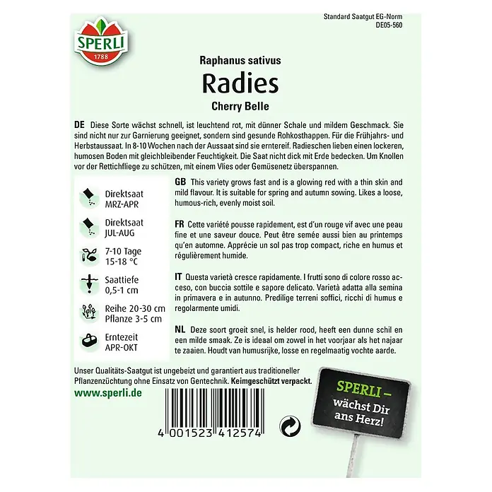 Sperli Gemüsesamen Radies - Cherry Belle, Raphanus sativus, Erntezeit: April - Samenpackung Radieschen Cherry Belle von Sperli.