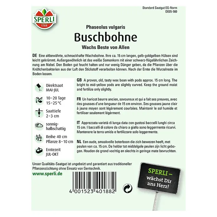 Sperli Gemüsesamen Buschbohne - Wachs Beste von Allen, Phaseolus vulgaris var. nanus, Erntezeit: Juli - Bild einer SPERLI Buschbohne "Wachs Beste von Allen" Packung mit Anweisungen.