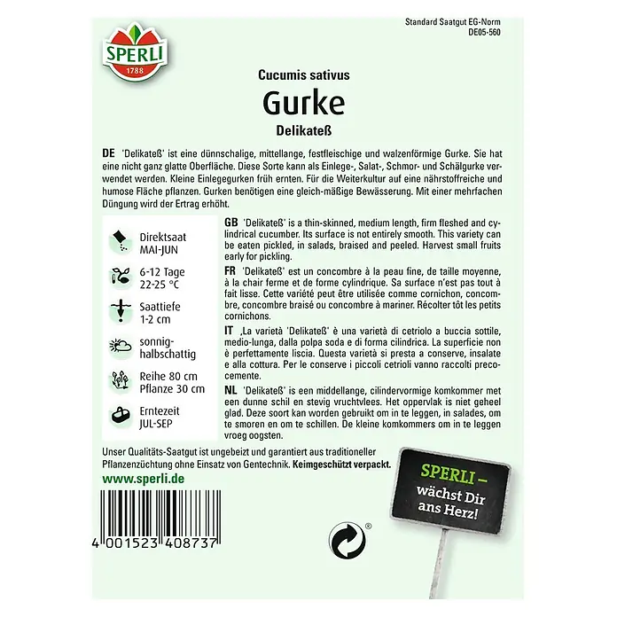 Sperli Gemüsesamen Einlegegurke - Delikateß, Cucumis sativus, Erntezeit: Juli - Bild einer Samenpackung für 'Delikateß' Gurken von Sperli, einer mittellangen, dünnschaligen Sorte für Salate und zum Einlegen.