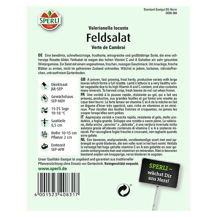 Sperli Salatsamen Feldsalat - Valerianella locusta, Erntezeit: April - Rückansicht