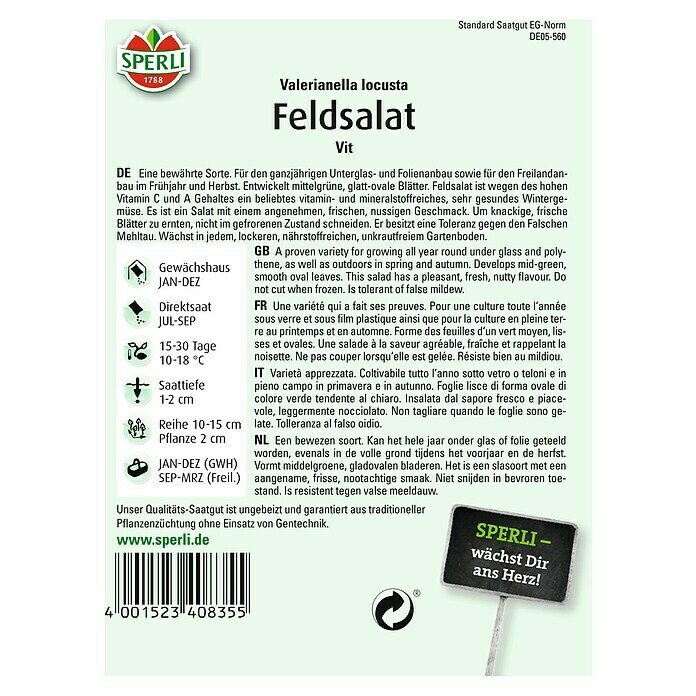 Sperli Salatsamen FeldsalatVit - Maxi Pack, Valerianella locusta, Erntezeit: Ganzjährig Back View