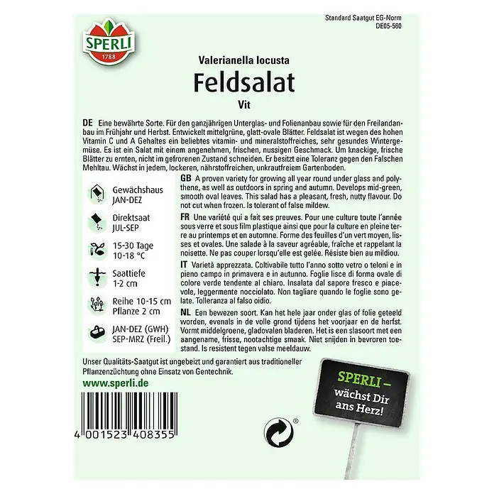Sperli Salatsamen Feldsalat - Vit - Maxi Pack, Valerianella locusta, Erntezeit: Ganzjährig - Samenpackung Feldsalat Vit von Sperli: Eine bewährte Sorte für den Anbau im Garten und Gewächshaus.