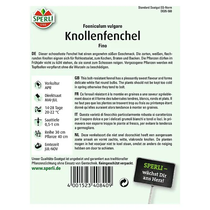 Sperli Gemüsesamen Knollenfenchel - Foeniculum vulgare var. azoricum, Erntezeit: Juli - Samenpackung für 'Knollenfenchel Fino': Süßer, schossfester Fenchel für Rohkost, Kochen & mehr. Anbauhinweise beachten!