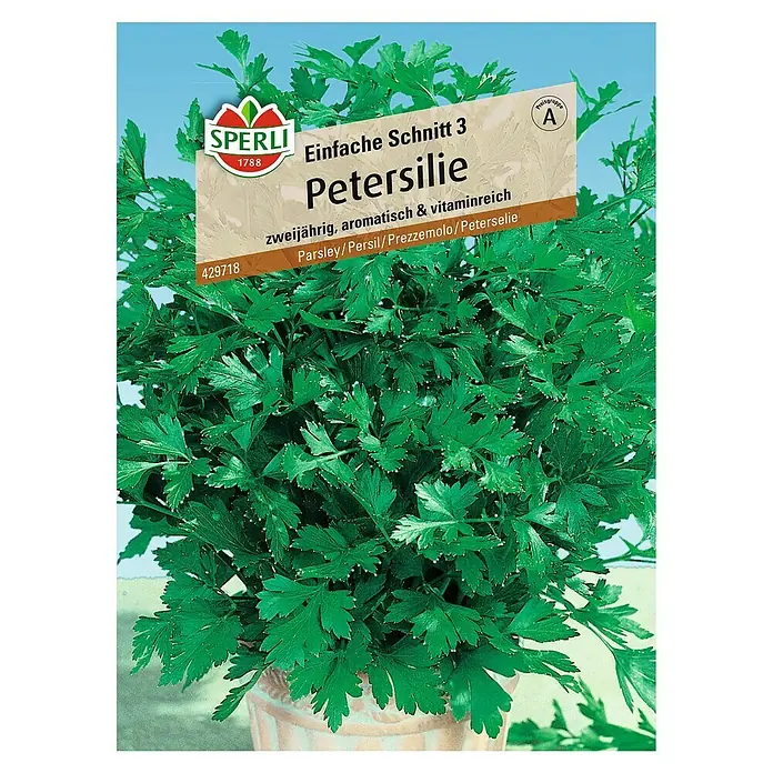Sperli Kräutersamen Petersilie - Einfache Schnitt 3, Petroselinum crispum, Saatzeit: März, Erntezeit: März - Abbildung von "Einfache Schnitt 3 Petersilie" Samen von Sperli, ein zweijähriges, aromatisches und vitaminreiches Kraut.