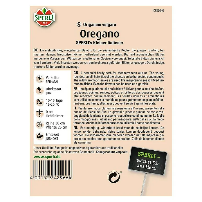 Sperli Kräutersamen Oregano Kleiner Italiener - Origanum vulgare, Saatzeit: Juni, Erntezeit: Juni - SPERLI Oregano-Samen: Kleiner Italiener für aromatische mediterrane Gerichte. Vielseitig verwendbar in der Küche!