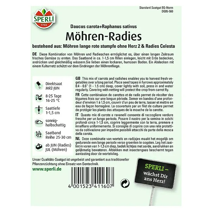 Sperli Gemüsesamen Möhren-Radies - Möhren-Radies-Kombination, Daucus carota, Erntezeit: Juni - SPERLI Möhren-Radies Saatgutpackung. Kombination aus langer, roter Karotte ohne Herz 2 & Celesta Radieschen für frisches Gemüse.