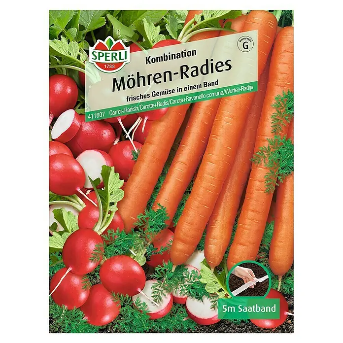 Sperli Gemüsesamen Möhren-Radies - Möhren-Radies-Kombination, Daucus carota, Erntezeit: Juni - Samenpackung "Möhren-Radies" von Sperli: Eine Kombination aus Karotten und Radieschen als Saatband für den einfachen Gemüseanbau im Garten.