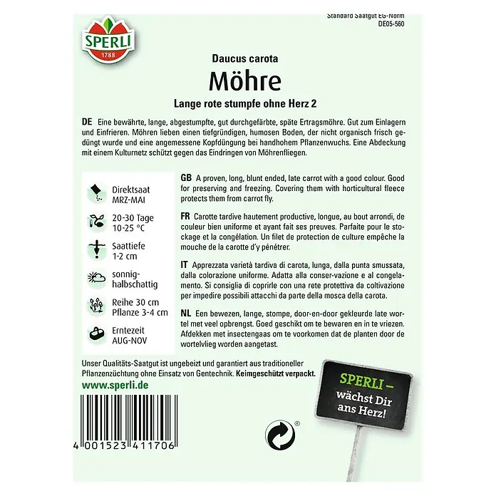 Sperli Gemüsesamen Möhre - Lange rote stumpfe ohne Herz 2, Daucus carota, Erntezeit: August - SPERLI Möhre: Lange rote Karotte, ideal zum Einlagern und Einfrieren. Bewährte Sorte für den Garten!