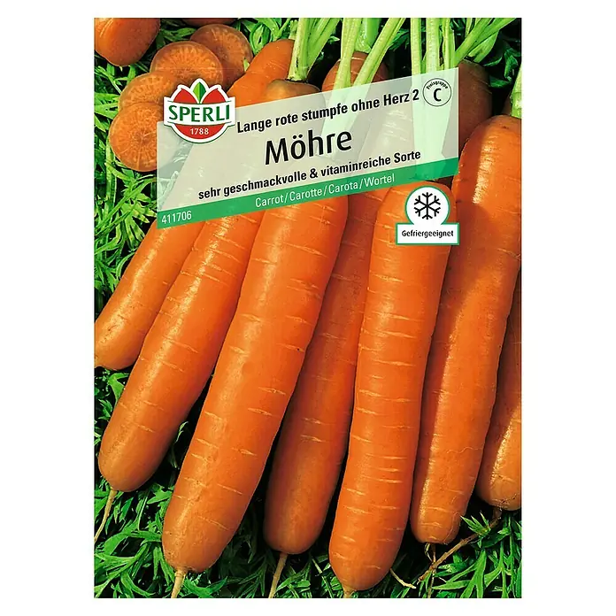 Sperli Gemüsesamen Möhre - Lange rote stumpfe ohne Herz 2, Daucus carota, Erntezeit: August - Samenpackung für lange, rote, stumpfe Möhren ohne Herz 2. Sehr geschmackvolle und vitaminreiche Sorte, geeignet zum Einfrieren.