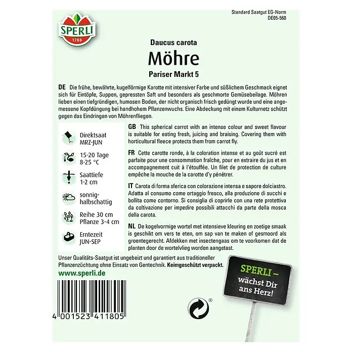 Sperli Gemüsesamen Möhre - Pariser Markt 5, Daucus carota, Erntezeit: Juni - SPERLI Möhre 'Pariser Markt 5': Kugelförmige Karotte mit intensivem Geschmack, ideal für Eintöpfe und Gemüsebeilagen.