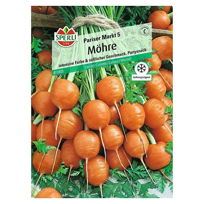 Sperli Gemüsesamen Möhre - Pariser Markt 5, Daucus carota, Erntezeit: Juni - Bild einer Samentüte für "Pariser Markt 5 Möhre" von Sperli, mit runden Karotten und grünen Blättern.