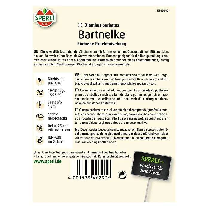 Sperli Blumensamen Bartnelke Prachtmischung - Dianthus barbatus, Blütezeit: Juli - Bild einer Samenpackung Bartnelken von Sperli.