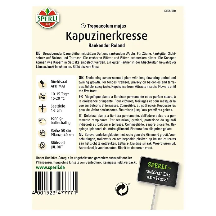 Sperli Kräutersamen Kapuzinerkresse - Roland, Tropaeolum minus, Saatzeit: April - SPERLI Kapuzinerkresse-Samen: Süß duftende, rankende Pflanze für Zäune und Balkone, essbare Blüten, lockt Insekten an.