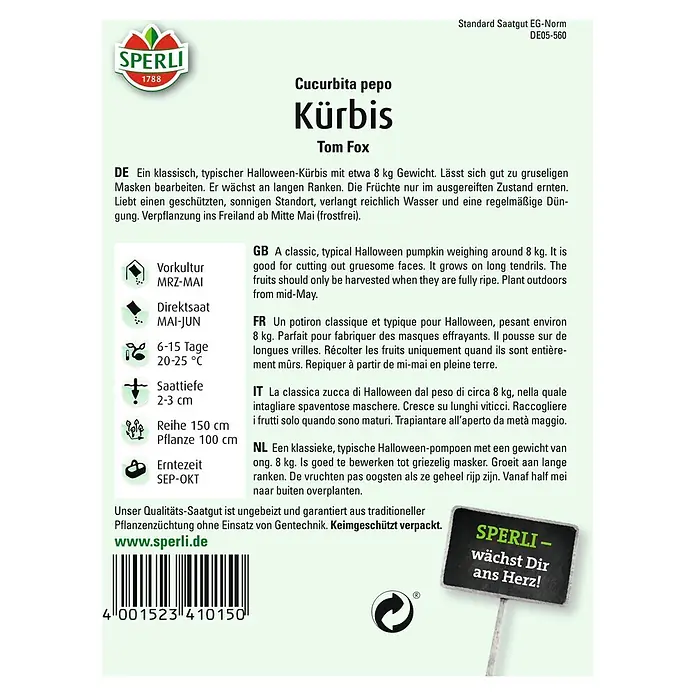 Sperli Gemüsesamen Kürbis - Tom Fox, Cucurbita pepo, Erntezeit: September - SPERLI Kürbis 'Tom Fox'-Samenpackung. Ideal für gruselige Halloween-Masken, liebt sonnige Standorte und regelmäßige Düngung.